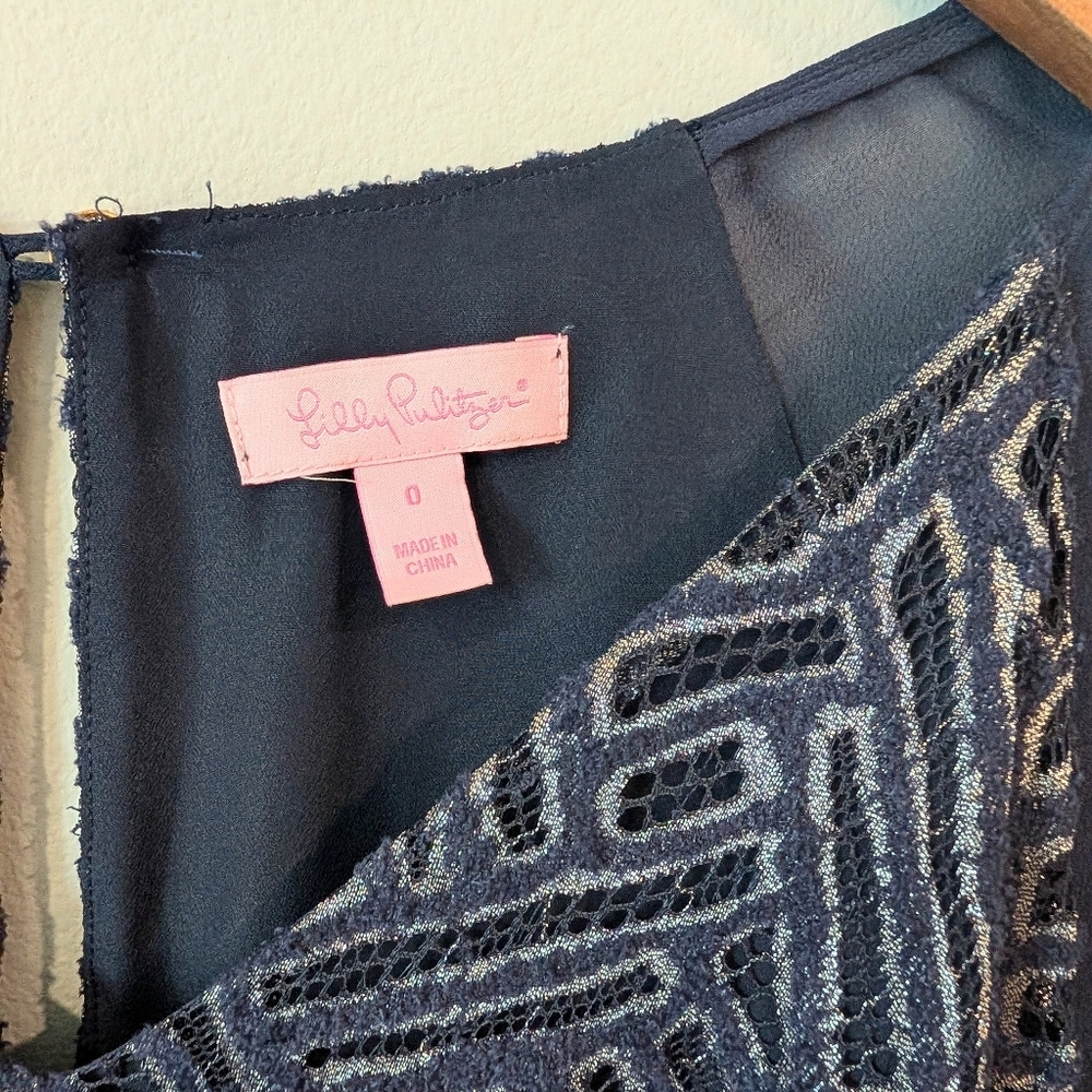 Lilly Pulitzer Navy and Metallic  Silver Dress Sz 0 - Picture 3 of 10